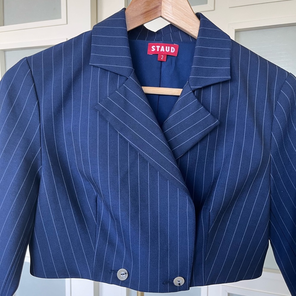 STAUD pinstriped jacket in blue with button and long sleeves NEW w/out tags.